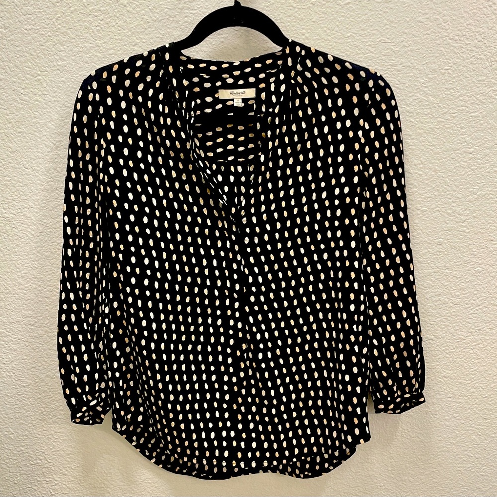 Madewell 100% Long-Sleeved V-Neck Black Silk Oval Dot Blouse